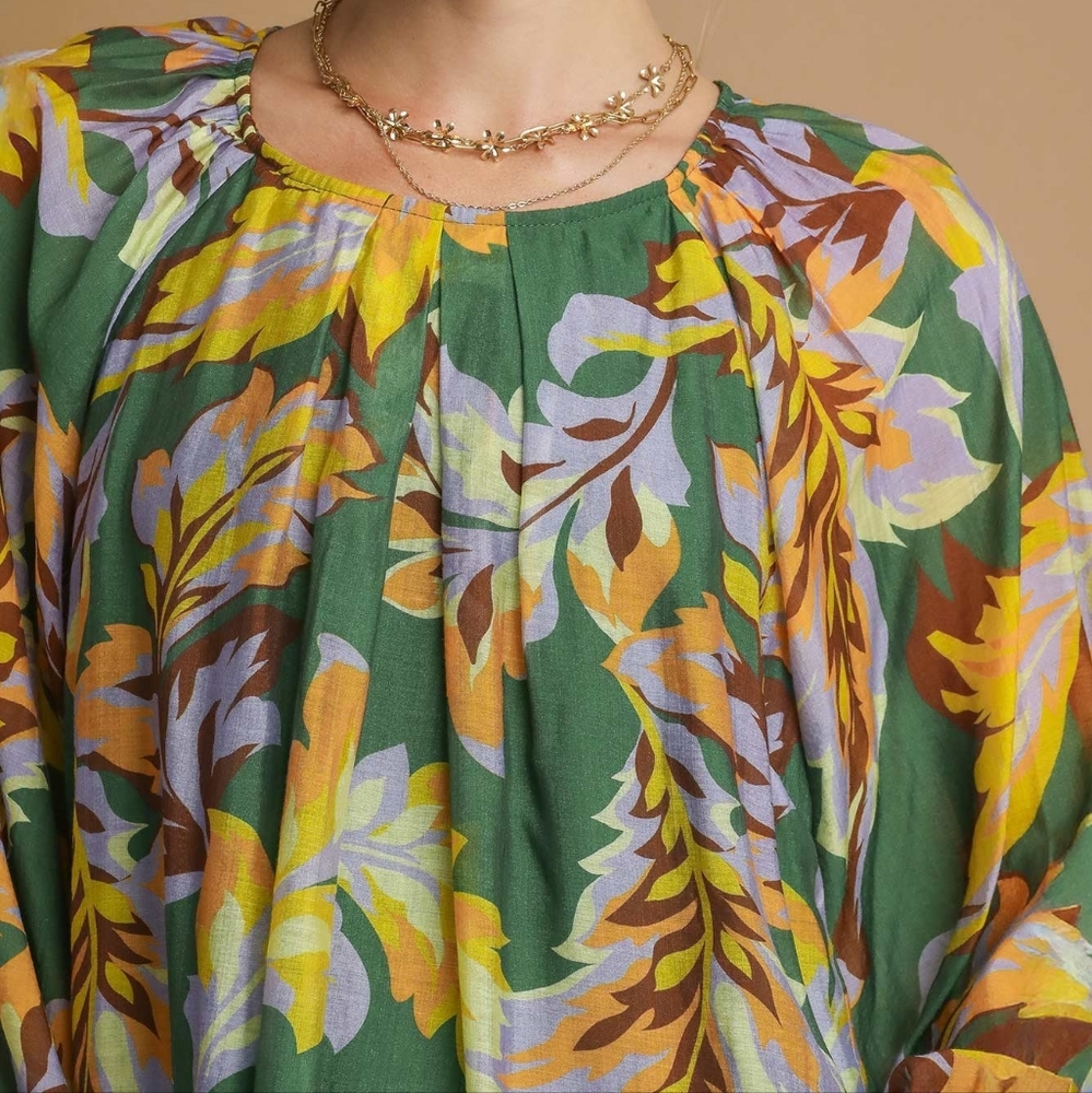 Umgee Retro Abstract Shirt Pleated 70s Round Neck Top Long Balloon Sleeve Blouse - Picture 12 of 16